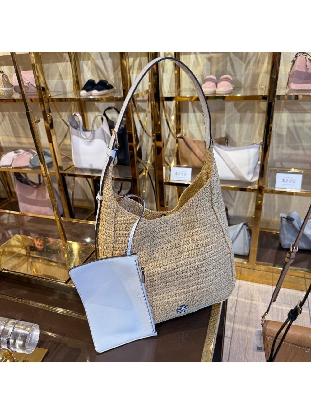 Tory Burch Thea Raffia Slouchy Shoulder 180324 Raffia / Ice Crystal $645